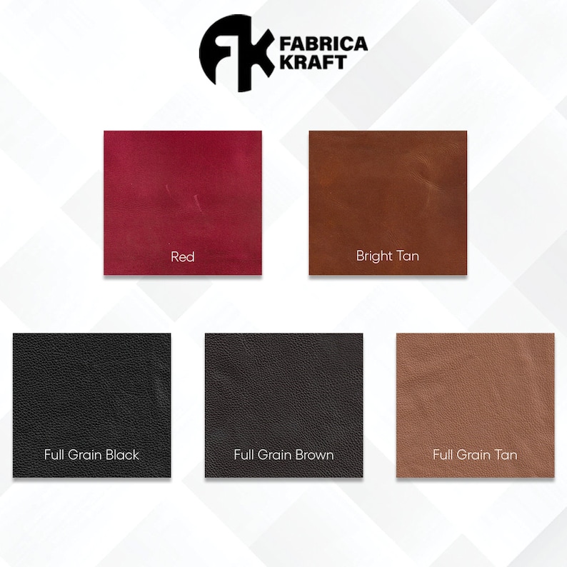 May include: Leather swatches in six colors: red, bright tan, full grain black, full grain brown, and full grain tan. The swatches are arranged in two rows of three. The text "FABRICA KRAFT" is at the top of the image.