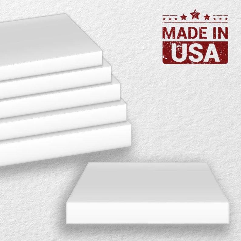 May include: Stack of five white rectangular blocks with a single white block on a white textured surface. The text "MADE IN USA" is in red with a star on each side of the text.