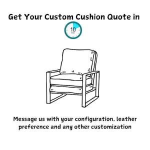 May include: A black and white line drawing of a chair with a cushion. The text "Get Your Custom Cushion Quote in 10 min" is above the chair.
