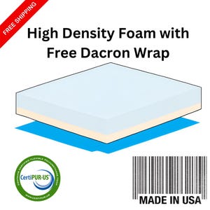 May include: A white high-density foam mattress topper with a blue and white fabric cover. The topper is made in the USA and is certified by CertiPUR-US. The text "High Density Foam with Free Dacron Wrap" is displayed above the image.