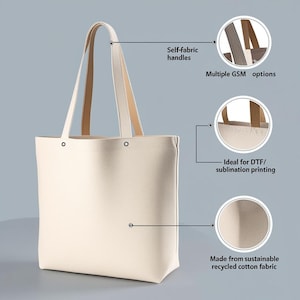 Puede incluir: Una bolsa de mano de color crema hecha de tejido de algod&oacute;n reciclado sostenible. La bolsa tiene asas de tejido propio y es ideal para la impresi&oacute;n DTF/sublimaci&oacute;n.