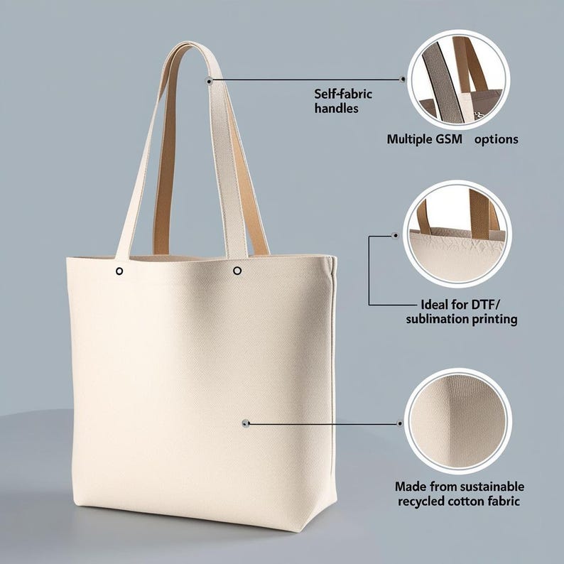 Puede incluir: Una bolsa de mano de color crema hecha de tejido de algod&oacute;n reciclado sostenible. La bolsa tiene asas de tejido propio y es ideal para la impresi&oacute;n DTF/sublimaci&oacute;n.