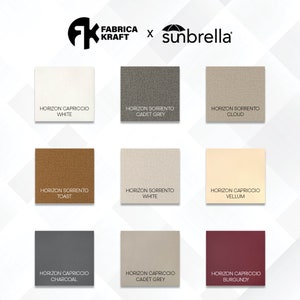 Peut inclure: Un nuancier pr&eacute;sentant neuf &eacute;chantillons de tissus pour meubles d'ext&eacute;rieur. Les &eacute;chantillons sont &eacute;tiquet&eacute;s avec les noms "Horizon Capriccio Blanc", "Horizon Sorrento Gris Cadet", "Horizon Sorrento Nuage", "Horizon Sorrento Toast", "Horizon Sorrento Blanc", "Horizon Capriccio Velin", "Horizon Capriccio Charbon", "Horizon Capriccio Gris Cadet", et "Horizon Capriccio Bourgogne".