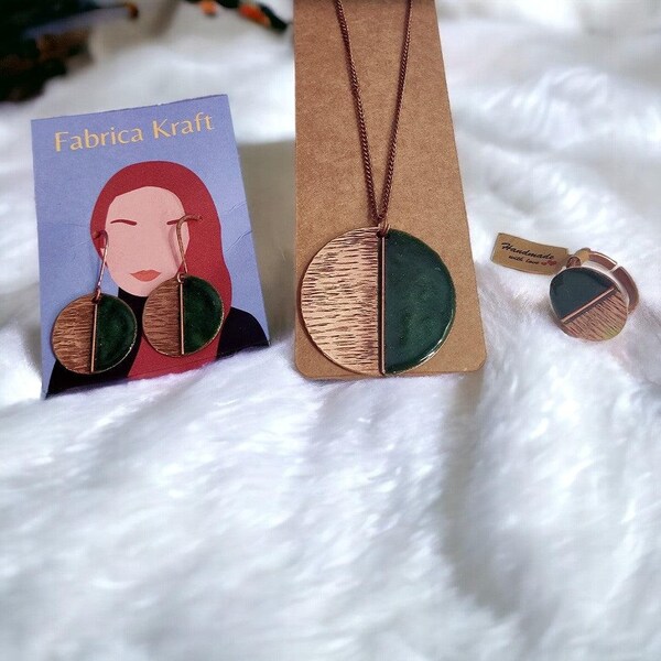 Copper Jewelry, Handmade, Copper  Necklace with Matching Earrings & Ring, Gift For Her, Daily Wear ,Green Copper Jewelry Set, Unique Design