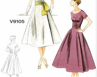 May include: Vintage Vogue sewing pattern, model V9105, featuring two illustrations of women wearing dresses. The first dress is white with a yellow sash and the second dress is purple. The text "Original 1954 Design" and "Dessin Original de 1954" is at the bottom of the image.