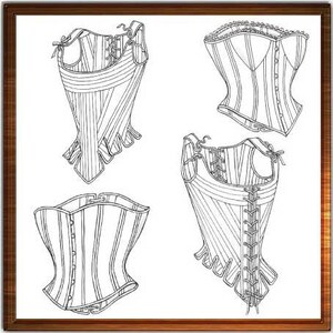 Peut inclure: Quatre dessins au trait en noir et blanc de corsets. Chaque corset a un design différent, avec des formes, des détails de laçage et des éléments décoratifs variés. Les corsets sont placés sur un fond blanc dans un cadre marron.