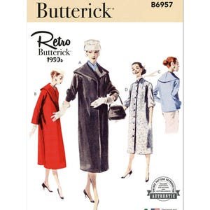 May include: Butterick Retro 1950s sewing pattern B6957. The image shows illustrations of women's coats and dresses. The pattern includes a long black coat, a red coat, and a patterned dress. The pattern is an authentic vintage reproduction.
