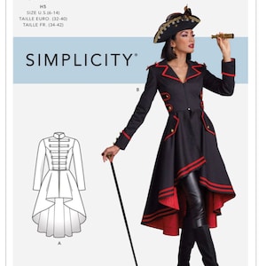 Puede incluir: Un patrón de costura para una chaqueta negra y roja de alto a bajo con ribete rojo y botones dorados. El patrón es para las tallas US 6-14, Euro 32-40 y Francesa 34-42. El patrón se llama Simplicity S9086.
