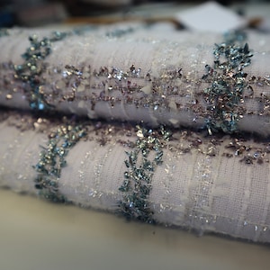 Linton Tweed fabric, Jacket Length 2.5mtr piece - Bleached White with Pink, Silver and Blue Check Tweed