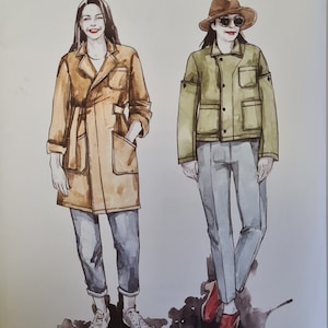 Pode incluir: Um padrão de costura para uma jaqueta chamada "Sienna Maker Jacket" da Closet Core Patterns. O padrão mostra duas ilustrações de mulheres vestindo a jaqueta em cores diferentes.