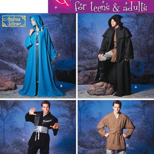 Puede incluir: Patrón de costura Simplicity número 5840 para disfraces para adolescentes y adultos. El patrón incluye cuatro disfraces diferentes: una túnica azul, una túnica negra, una túnica negra y plateada y una túnica marrón. El patrón está ilustrado con modelos que llevan los disfraces.