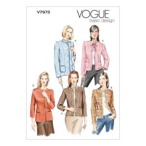 May include: Vogue basic design sewing pattern featuring illustrations of five different jacket styles. The jackets are in various colors, including pink, orange, blue, and tweed. The pattern includes the text "V7975".
