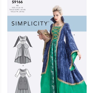 Puede incluir: Patrón de disfraz Simplicity S9166. La imagen muestra a una mujer con un disfraz azul y verde con detalles dorados. El patrón incluye ilustraciones de diferentes variaciones de disfraces. Tallas: U.S. 6-14, Euro. 32-40, FR. 34-42.