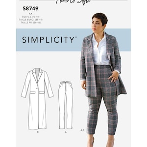 May include: Simplicity sewing pattern S8749 by Mimi G Style. The image shows a woman wearing a plaid blazer, trousers, and a white shirt. The pattern includes a long coat and trousers. Sizes available are U.S. 10-18.