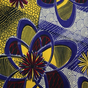African Wax Print Cotton Fabric, 6 Yard Piece, 100% Cotton, Blue and Yellow Flower print