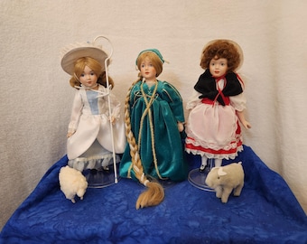 Danbury Mint Storybook Dolls Rapunzel Heidi or Little Bo Peep Porcelain Dolls, Gift for Storybook Lovers, Girl Room Home Décor