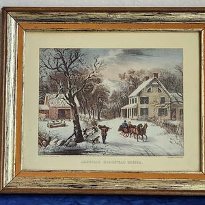 Framed Currier and Ives American Homestead Winter Art Work US mid 1800&#39;s Country Side Prints in Shabby Chic Frames Home Décor Wall Art