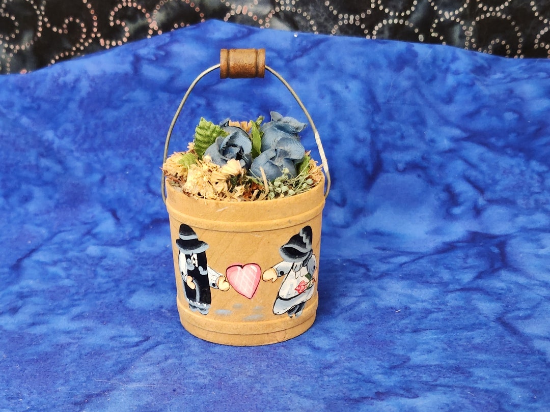 Vintage Flower Bucket With Blue Boy and Girl With Heart in Between and
