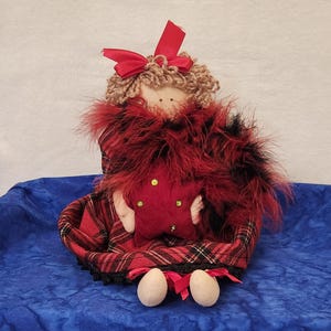 Rag Doll Shelf Sitter in Red and Black Plaid Dress and Boa with Red Star and Red Ribbons, Gift for Child, Red Rag Doll Home Décor