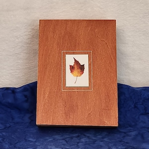 May include: A wooden box with a light brown finish. The box has a small, rectangular window in the center that displays a single, pressed, orange and yellow leaf.