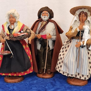 French Santon de Provence Terracotta Souvenir Doll w Quilted Clothing Folk Art Country Figure FishSeller Night Watchman or Lady Shepard Doll