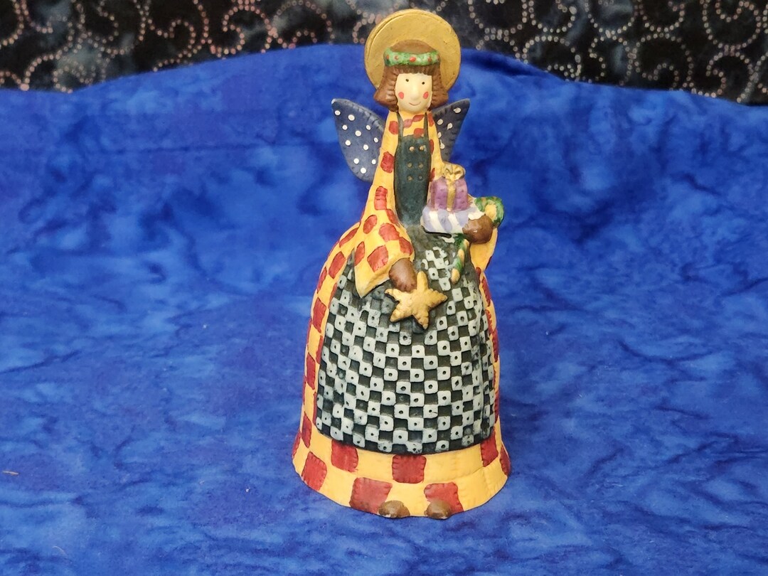 Vintage Country Christmas Quilt Ceramic 5 Bell Angel Figurine Etsy
