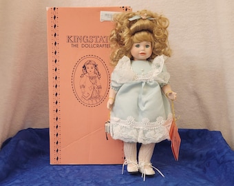 Alice Blonde Green Eyes Porcelain Doll Kingstate the Dollcrafter in Original Box about 11 Inches Tall in Blue with Lace Trim, Christmas Gift