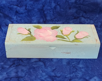 Shabby Chic Box Light Blue with Pink Roses Wooden, Chic Pencil Box, Artist Gift Perfect for Color Pencils, Girls Cute Box Gift,Birthday Gift