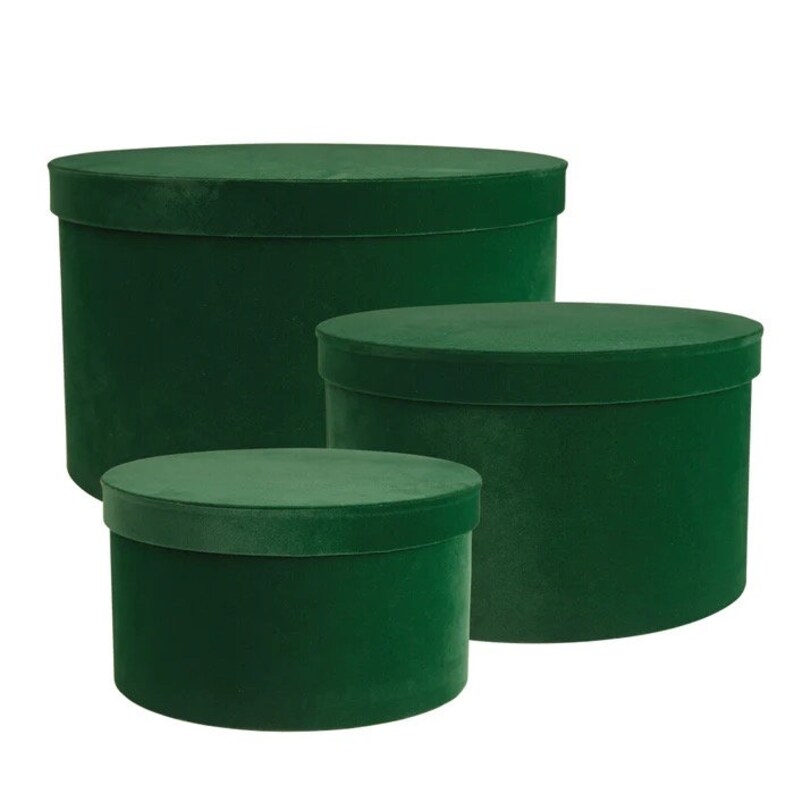 Green Hat Box Velvet Velour Flower Set of 3 Small Medium Large