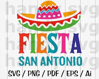以下が含まれることがあります： 虹色のテキスト「FIESTA SAN ANTONIO」と、赤、緑、黄、青、白のパターンが施されたソンブレロが描かれたカラフルなグラフィックデザインです。