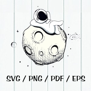 May include: A black and white illustration of an astronaut sitting on the moon. The moon has craters and a galaxy in the background.