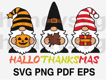 May include: Three gnomes holding different holiday items. The gnome on the left is holding a jack-o-lantern, the middle gnome is holding a brown leaf, and the gnome on the right is holding a red gift box. The text "Hallo Thanksmas" is below the gnomes. The text "SVG PNG PDF EPS" is below the text "Hallo Thanksmas".