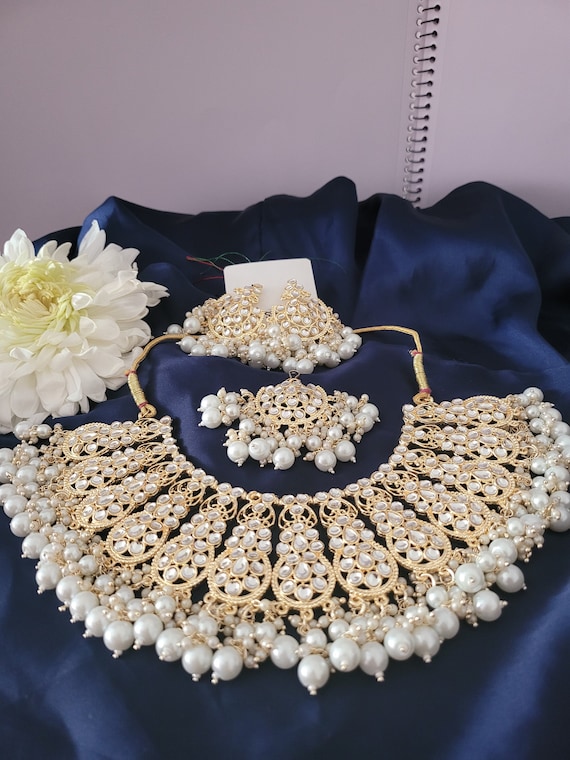 White Gold Kundan Set Tikka, Nikah, Jaggo,traditional, Gift, Eid