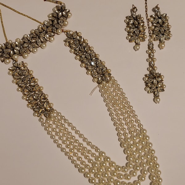 Kundan and Pearl Choker Long Necklace Tikka Set, South Asian, Bridal, Gift, Nikah, Jaggo, Wedding, Rani Haar, Eid, Cinipan-The Sukh Set