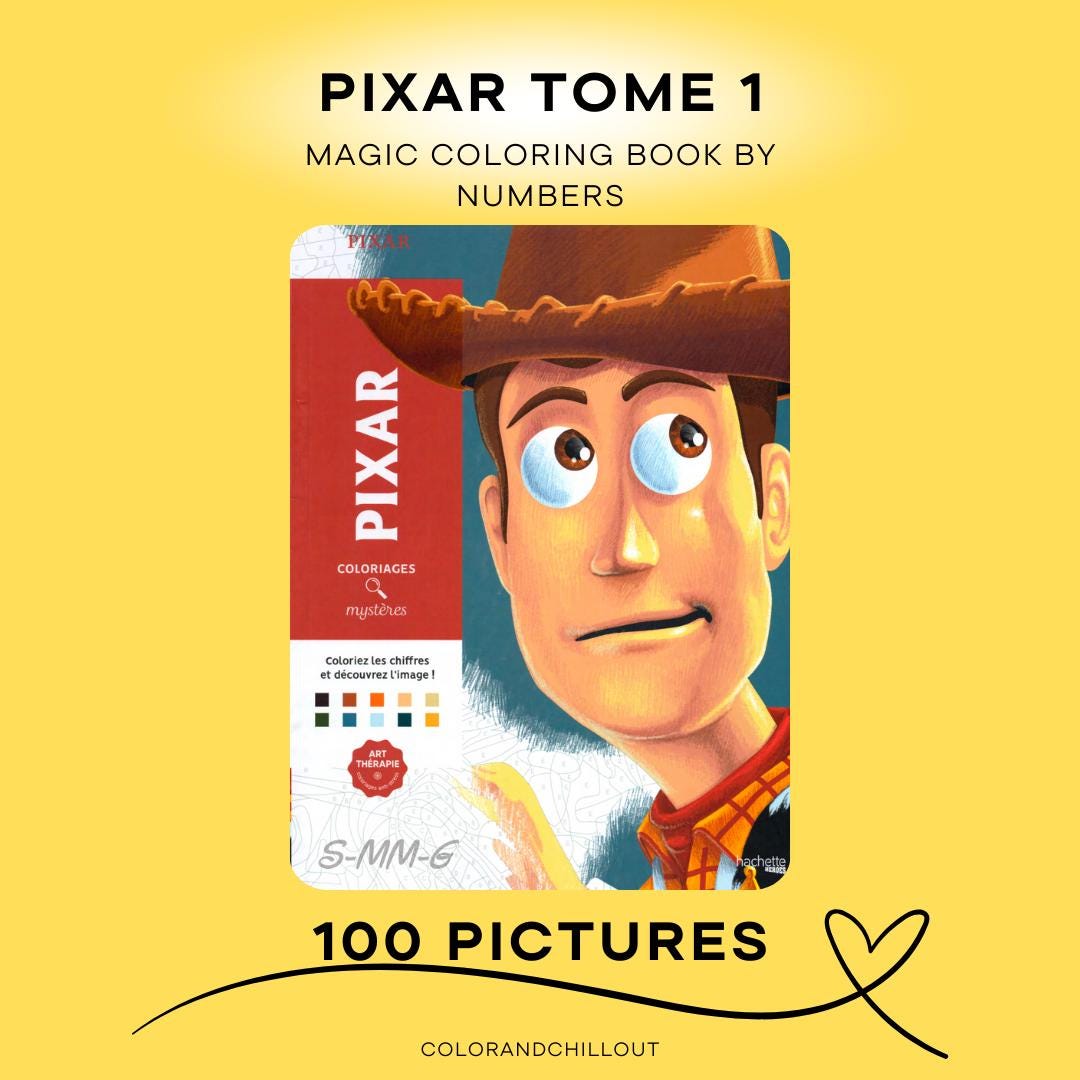 Libro de colorear imprimible inspirado en Pixar | Toy Story y Del Revés | 100 páginas por números (PDF)
