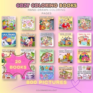 May include: A collection of 20 digital coloring books titled Cozy Coloring Books, featuring 800 hand-drawn pages. The grid displays various book covers with themes like Spooky Cutie, Cozy Vibes, and Ocean Scene, showcasing colorful cartoon illustrations.