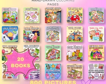 Puede incluir: Una colección de 20 libros de colorear digitales titulados Cozy Coloring Books, que incluyen 800 páginas dibujadas a mano. La cuadrícula muestra varias portadas de libros con temas como Spooky Cutie, Cozy Vibes y Ocean Scene, con coloridas ilustraciones de dibujos animados.