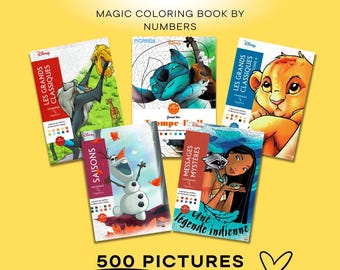 May include: A collection of five Disney coloring books, featuring characters like Simba, Olaf, and Stitch. The books are labeled "Magic Coloring Book by Numbers" and include the text "500 PICTURES". The covers are in various colors, set against a yellow background.
