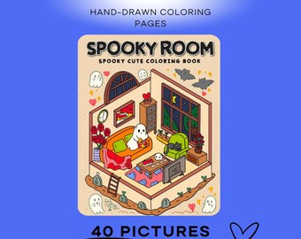 May include: A coloring book cover featuring a spooky room with a ghost, a cat, and a fireplace. The title of the book is "Spooky Room" and the subtitle is "Spooky Cute Coloring Book". The cover also includes the text "40 Pictures" and "ColorandChillout".