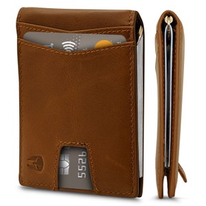 Bryker Hyde RFID Cartera minimalista con bolsillo frontal interior para identificación con bolsillo con pestaña extraíble y clip para dinero (cuero de grano completo Crazy Horse marrón claro)