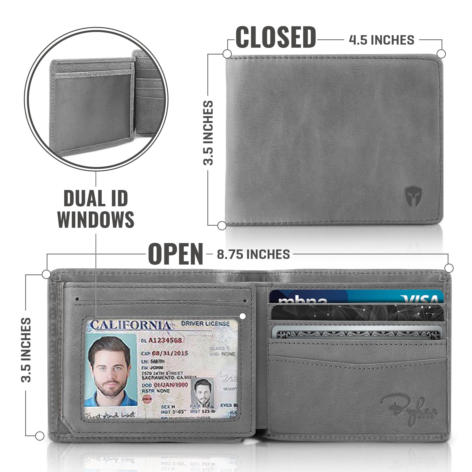 Portafoglio Uomo Bryker Hyde Con Protezione RFID, 2 Finestre ID, Pelle Invecchiata, Capacità Extra - Colore Grigio Ardesia - 3