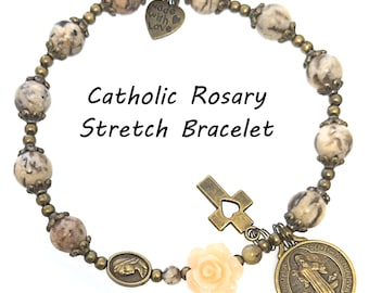 110-Rosary-Bracelet | Catholic Rosary Stretch Bracelet | Single Decade | Feldspar | Antique Bronze Finish | St Benedict Medallion