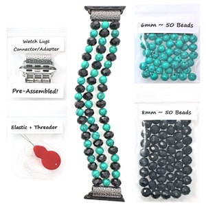May include: A black and turquoise beaded watch band for an Apple Watch. The band is made of 6mm and 8mm beads and comes with a connector/adapter, elastic threader, and elastic thread. The band is pre-assembled.
