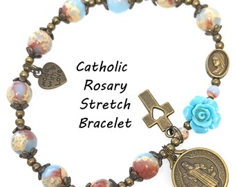 106-Rosary-Bracelet | Catholic Rosary Stretch Bracelet | Single Decade | Sea Sediment Jasper | Antique Bronze Finish | St Benedict Medallion