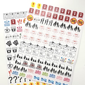 May include: Two sheets of planner stickers with various designs. Stickers include icons of coffee cups, airplanes, family silhouettes, and text such as "Happy Birthday," "Vacation," and "Date Night." Other stickers feature exclamation points and question marks.