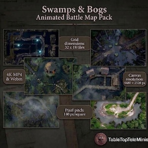 May include: A digital product titled Swamps & Bogs Animated Battle Map Pack featuring five distinct swamp-themed map previews. Text includes Grid dimensions: 32 x 18 tiles, 4K MP4 & Webm, Canvas resolution: 4480 x 2520 px, Pixel pitch: 140 px/square.