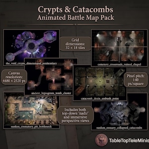 Peut inclure: Pack de cartes de combat animées Crypts & Catacombs comprenant six cartes numériques distinctes avec des dimensions de grille de 32 x 18 tuiles, une résolution de 4480 x 2520 px et un pas de pixel de 140 px/carré, incluant des vues de dessus.