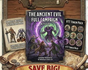Ancient Evil Ultimate Campaign Bundle | 5e PDF Compendium, Homebrew Statblocks and VTT Token Packs | Full TTRPG Adventure Module