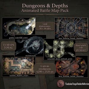 Puede incluir: Paquete de mapas de batalla animados Dungeons & Depths con 15 mapas en total. Incluye dimensiones de cuadrícula de 30 x 18 casillas, un paso de píxel de 140 px/cuadrado y una resolución de lienzo de 4200 x 2520 px. Muestra varios entornos subterráneos.