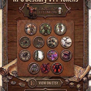 Może przedstawiać: Kolekcja okrągłych żetonów RPG Bestiary VTT z ilustracjami różnych fantastycznych stworzeń. Żetony są umieszczone na brązowym tle o fakturze skóry z napisem RPG Bestiary VTT Tokens, Tabletop Teleminis oraz View on Etsy.